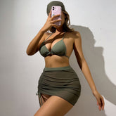 Solid Sarong Tie String Cheeky Triangle Brazilian Three Piece Bikini Swimsuit